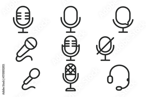 Microphone line icon set. Mic vector outline pictograms for podcast, audio record, and voice chat. Sound broadcast and studio equipment symbols for web and app UI design.