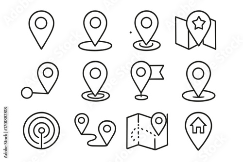 Map pin line icon set. Location marker, navigation, GPS, destination signs. Vector outline illustration for web, mobile app, UI, UX design. Route, position, place symbols.