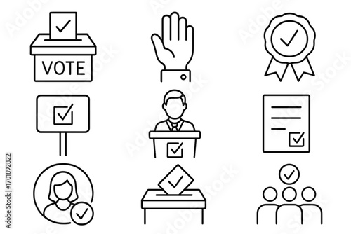 Election and voting thin line icon collection. Vector symbols for politics, democracy, poll, and campaign. Includes ballot box, voter choice, candidate, and results icons.