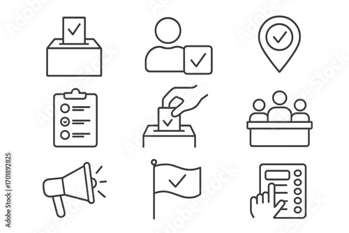 Election and voting thin line icon set. Politics, democracy, vote concept. Ballot box, poll, checklist, candidate pictogram collection for web, app, infographics. Vector.