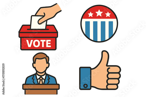 Vote icon collection. Election day concept. Ballot box, political candidate speech, USA patriotic symbol, thumbs up. Democracy, government, president campaign signs vector set.