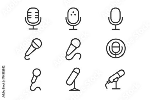 Microphone line icon set. Mic sound record symbol. Audio podcast and broadcast sign. Voice music studio collection. Radio interview speech. Simple outline pictogram pack for web.