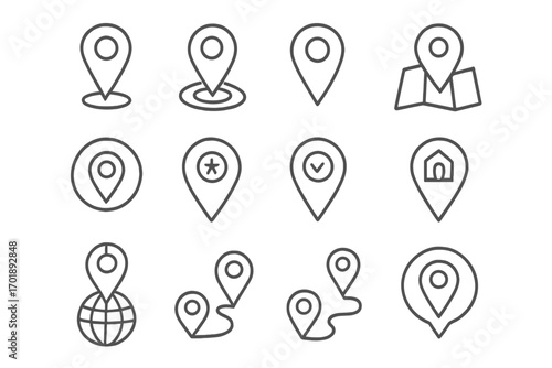 Map pin line icon set. Location marker, navigation, GPS symbol collection. Destination, route, path, place, address, point, position, travel, direction vector icons for web, app.