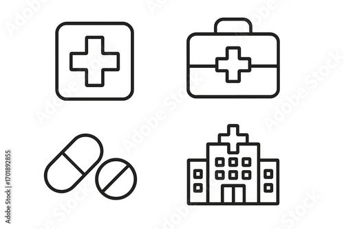 Healthcare line icon collection with medical cross, doctor suitcase, medicine pills, and hospital building. Emergency treatment and pharmacy symbols. Editable stroke vector set.