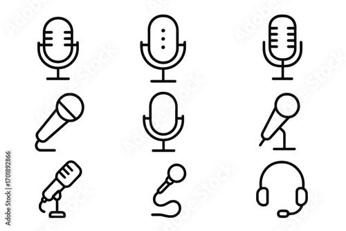 Microphone line icon set. Audio record & podcast symbols. Outline mic, voice, sound signs for studio, broadcast & web design. Mobile app UI/UX graphic elements.
