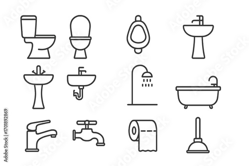 Bathroom and toilet line icons set. Sanitary engineering outline pictograms. Plumbing equipment symbols for web and graphic design. Vector collection of restroom items.