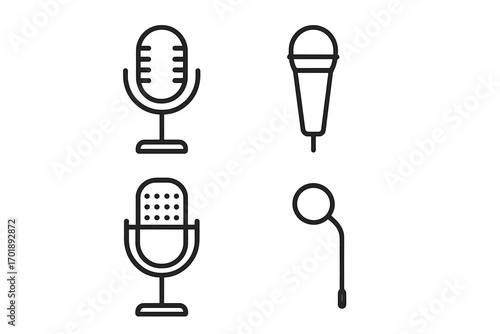 Microphone line icon set for podcast, broadcast, music, and karaoke. Audio recording, voice, and sound symbols. Mic for interview and speech. Studio equipment vector illustration.