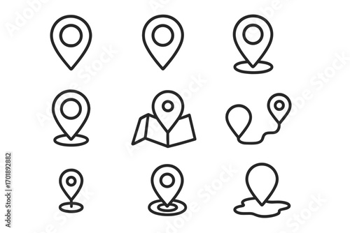 Map pin line icon set. Location marker, GPS navigation symbol, and destination pointer. Vector outline signs for web, apps, and graphic design. Route and place icons collection.