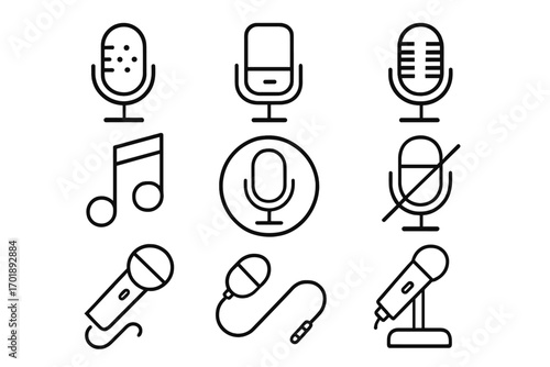 Microphone icon set. Audio and sound line icons for podcast, music, and voice recording. Vector graphic collection for web design, apps, and UI. Mute button & studio signs.
