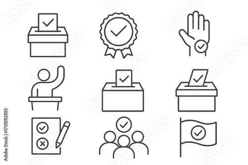 Election and voting line icon set. Vector symbols for politics, democracy, ballot box, vote, campaign, and referendum. Thin line art for web, app, and infographics design.