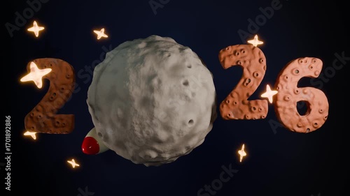 Toy rocket orbits a moon forming the zero in 2026. Playful 3D loop animation with plastic textures, cartoon stars, and cratered numbers on a dark space background. Kids' style concept for New Year