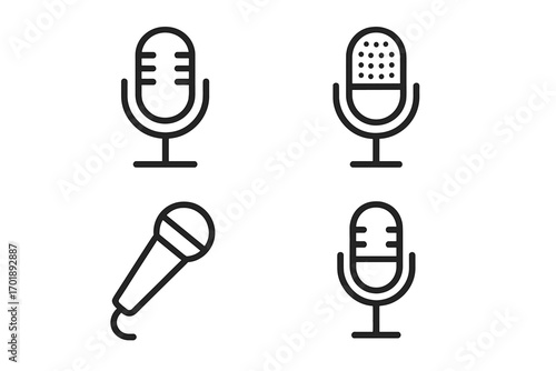 Microphone line icon pack. Vector outline illustration set for audio record, podcast, broadcast, voice, and sound. Simple minimal mic symbol for web, app, and UI design.