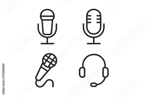 Microphone & headset line icon collection. Podcast, radio broadcast, voice recording signs. Sound, audio, communication symbols for web, apps. Editable stroke vector graphics.
