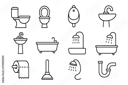 Bathroom & toilet line icon set. Vector collection of plumbing, sanitary ware, hygiene symbols. Outline pictograms for web & graphic design. Restroom, washroom signs.