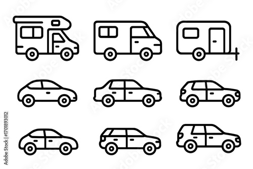 Car and motorhome line icon set. Automobile transport vehicle symbols. Camper, RV, travel trailer, sedan, SUV outline signs for web design, apps, and graphic projects.