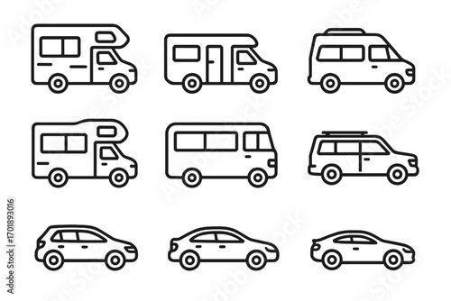 Car and motorhome thin line icon set. RV, camper van, and vehicle outline symbols for travel and transport concepts. Vector graphic illustration for web, mobile apps, and design.