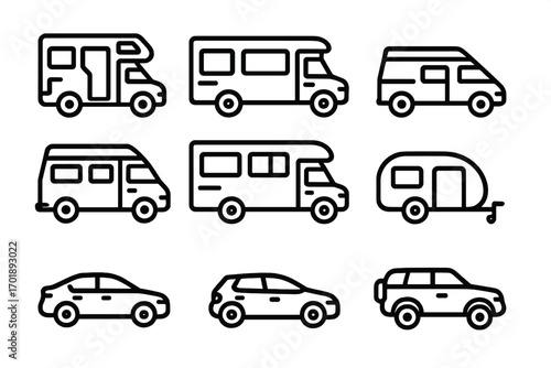 Motorhome and car line icon set. RV, camper van, and trailer outline signs. Automobile transport symbols for travel, road trip, vacation. For web, app, graphic design.