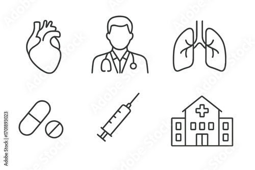 Medical and healthcare thin line icons set. Vector collection of simple pictograms. Doctor, hospital, clinic, heart, lungs, pills, syringe. Cardiology, pulmonology.