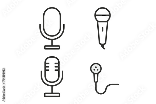 Microphone thin line icon set. Audio record, podcast, and voice symbols. Studio, handheld, and lavalier mic outline pictogram for web, app, UI, UX design. Sound vector.