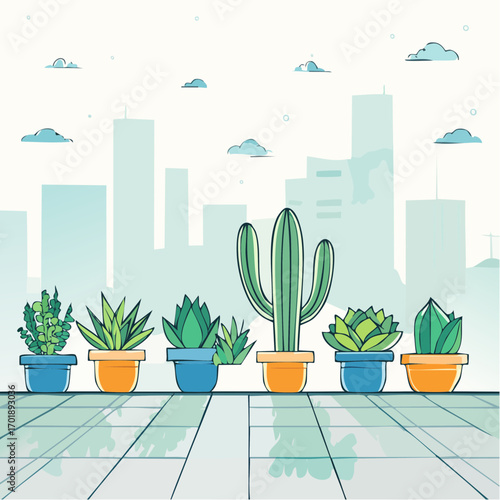 Potted Cactus and Succulents on Rooftop Terrace with City View