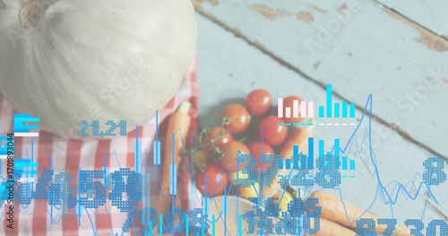 Bars appearing growing into charts over pumpkin carrots and tomatoes visualizing produce metrics