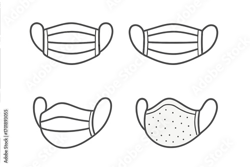Medical face mask icons line art set. Surgical mask vector collection. Health protection against virus, covid, flu, pandemic. Air pollution and dust safety symbols design.