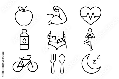 Healthy lifestyle fitness wellness icons. Health diet sport food sleep yoga weight loss concept. Vector thin line icon set for app web. Apple heart bike water nutrition symbol.