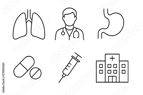 Medical and healthcare line icon set. Minimalist symbols for hospital, clinic. Vector illustrations of a doctor, lungs, stomach, pills, and syringe for web, app, graphic design.