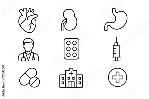 Medical and healthcare line icon set. Medicine and hospital symbols. Doctor, organs, heart, kidney, stomach, pills, syringe, clinic. Health care, pharmacy, treatment vector.