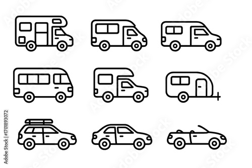 Motorhome and car thin line icon set. RV, camper van, and travel trailer outline symbols. Vehicle, transport, and automobile vector pictograms for web and graphic design.
