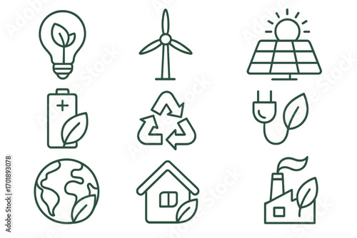 Green energy and eco friendly thin line icon set. Sustainability and renewable resources concept. Vector icons of solar panel, wind turbine, recycling, and planet earth.