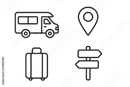 Travel and road trip icon set with motorhome, map pin, and luggage. Line art vector icons for tourism, vacation, and adventure concepts. Navigation and location symbols.