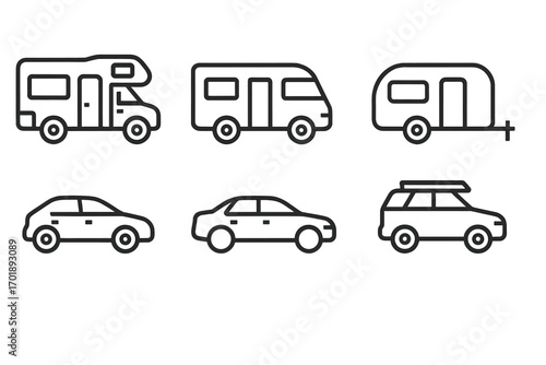 Car and motorhome line icon set. RV, camper van, travel trailer, sedan and SUV vehicle outline symbols. Vector collection for transport, travel, web and graphic design.