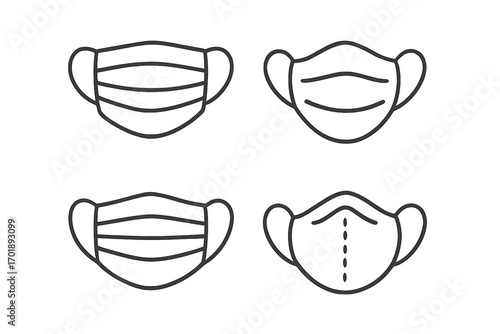 Medical face mask icon set. Thin line art symbols for protection from virus, dust, and pollution. Vector illustration for health care, pandemic, and safety concepts design.