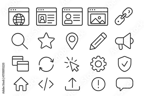 Web page line icons set. UI UX outline elements for web design and mobile app. Vector symbols for navigation, search, profile, settings, security, link, code, home, upload.