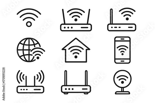 WiFi and router line icon set. Wireless internet connection and network technology symbols. Vector outline pictogram pack for web, mobile app, and graphic design elements.