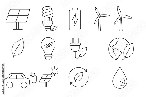 Green energy line icon set. Renewable power, sustainable technology symbols. Vector collection of solar panel, wind turbine, electric car, eco friendly signs for web design.