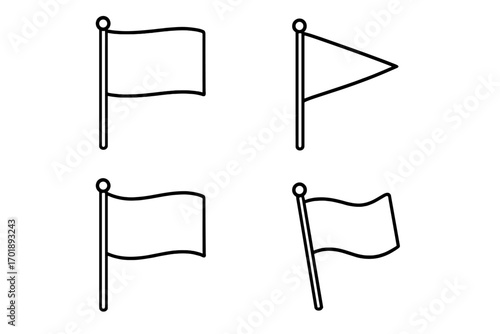 Collection of flag icons. Thin line art vector graphic. Waving flag and pennant symbol for location marker, map pin, web design, apps, ui, ux. Minimalist outline pictogram.