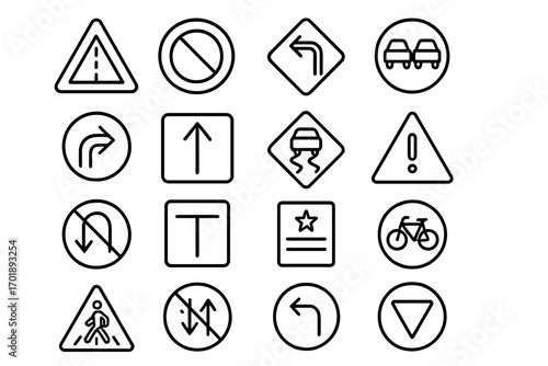 Road sign line icon pack outline set. Vector cartoon style traffic symbols for graphic design, web, apps, adverts, various cards, transparent background, ordered grid collection