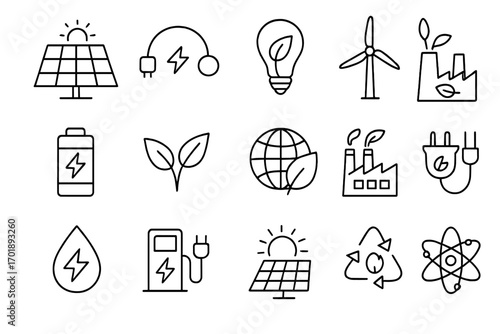 Green energy icon set. Thin line vector icons collection for web and apps. Renewable power, sustainability, ecology concept. Solar panel, wind turbine, recycle symbols.