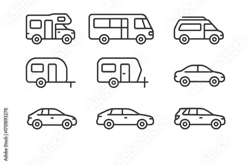 Car and camper line icon set. Motorhome, van, trailer, and caravan symbols. Road trip and vacation concept. Transport and travel outline pictograms for web and apps.