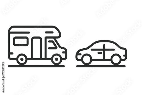 Motorhome and car modern outline icon set. RV, camper van, and auto vehicle symbols for transport design. Simple linear vector illustration for travel, road trip, camping.