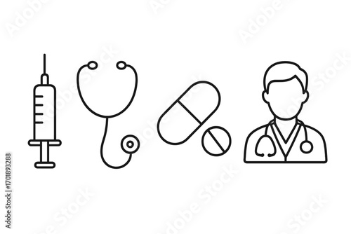 Medical line icon set. Syringe, stethoscope, pills, doctor avatar. Healthcare, medicine, clinic concepts. Vector illustration for web, apps, infographics. Health care symbols.