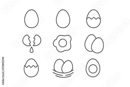 Egg icon set collection. Thin line food icons for breakfast. Fried egg, boiled egg, broken, hatching. Eggs in nest. Healthy food protein. Cooking ingredient vector design.