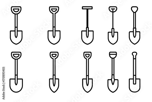 Set of shovel line icons, outline symbols for graphic design, web, apps, advertisements, cards, digging tools illustration, construction, gardening, vector black transparent background