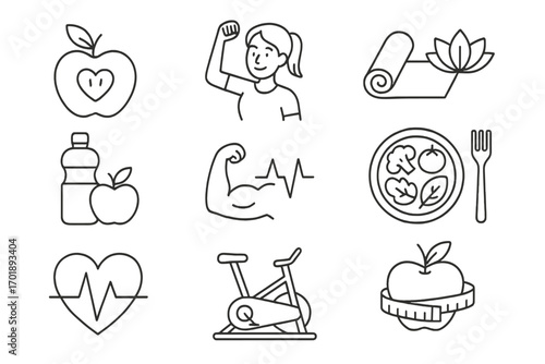 Healthy lifestyle line icon set for fitness, wellness, and nutrition. Vector collection of thin line symbols for workout, yoga, diet, cardio, weight loss, and healthy food.