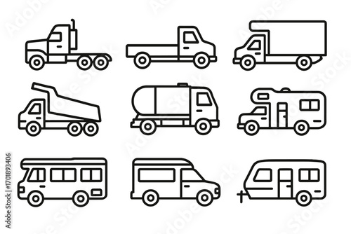 Set of truck and motor home line icons, outline vector signs for transport, delivery, camping, RV, trailer, construction, and travel designs, web and app graphics