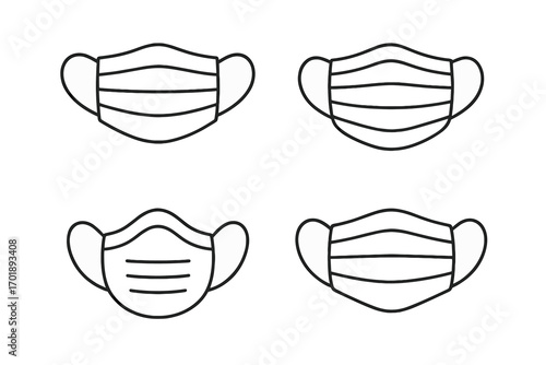 Medical face mask line icon set. Health safety protection from virus, flu, dust. Surgical, respiratory face cover symbol. Pandemic, COVID-19 prevention concept vector.