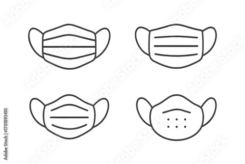 Medical face mask line icon set. Surgical masks for virus and flu protection. Health care and safety symbol collection. Vector illustration for web, apps and infographics.