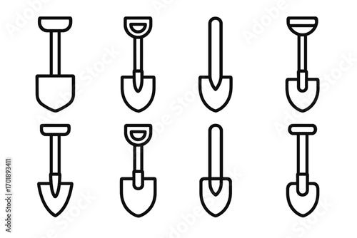 Set of shovel icons line art, outline symbols for gardening, construction, tools, web design, apps, advertisements, vector cartoon illustrations with transparent background